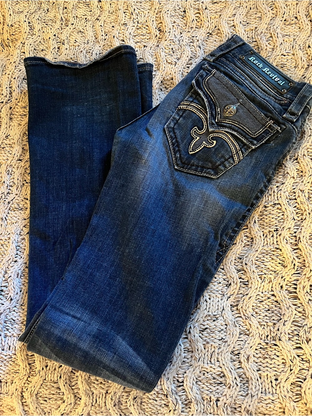 Rock Revival Women's Dark Blue Bootcut Jeans with Embroidered Pockets